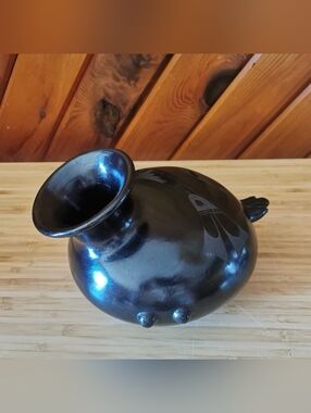 Vintage Handmade Signed Mexican Black Pottery Bird Vase